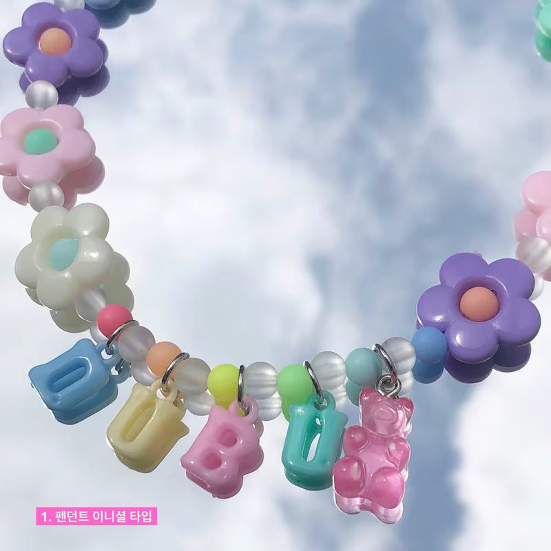 Pet Cat and Dog Name Custom Color Bear Flower Beaded Necklace Cat Collar Dog Collar Pet Accessories