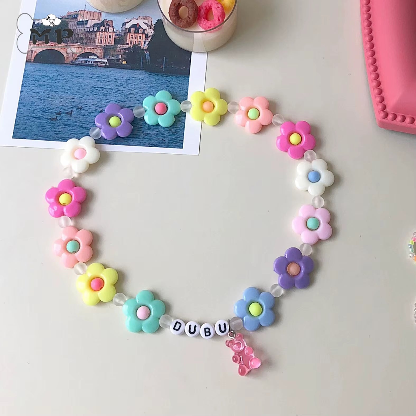 Pet Cat and Dog Name Custom Color Bear Flower Beaded Necklace Cat Collar Dog Collar Pet Accessories